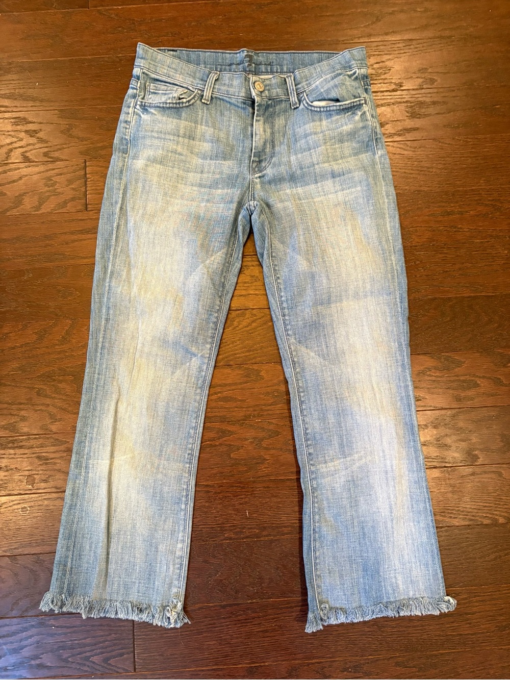 7 For All Mankind Light Blue Straight Leg Jeans with Frayed Hem